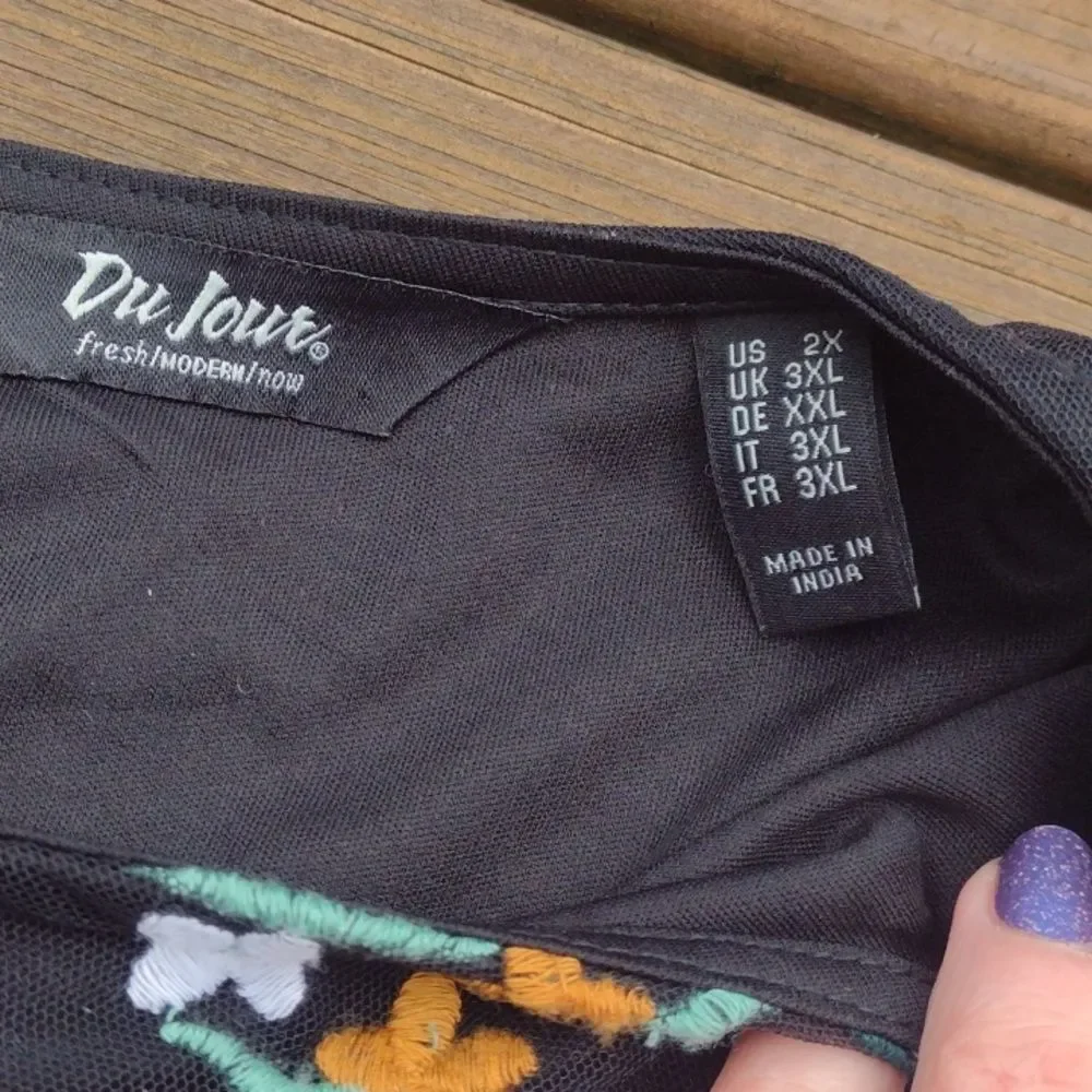 Du Jour Long Sleeve Black Blouse with Embroidered Floral Pattern Size 2XL - Picture 8 of 14